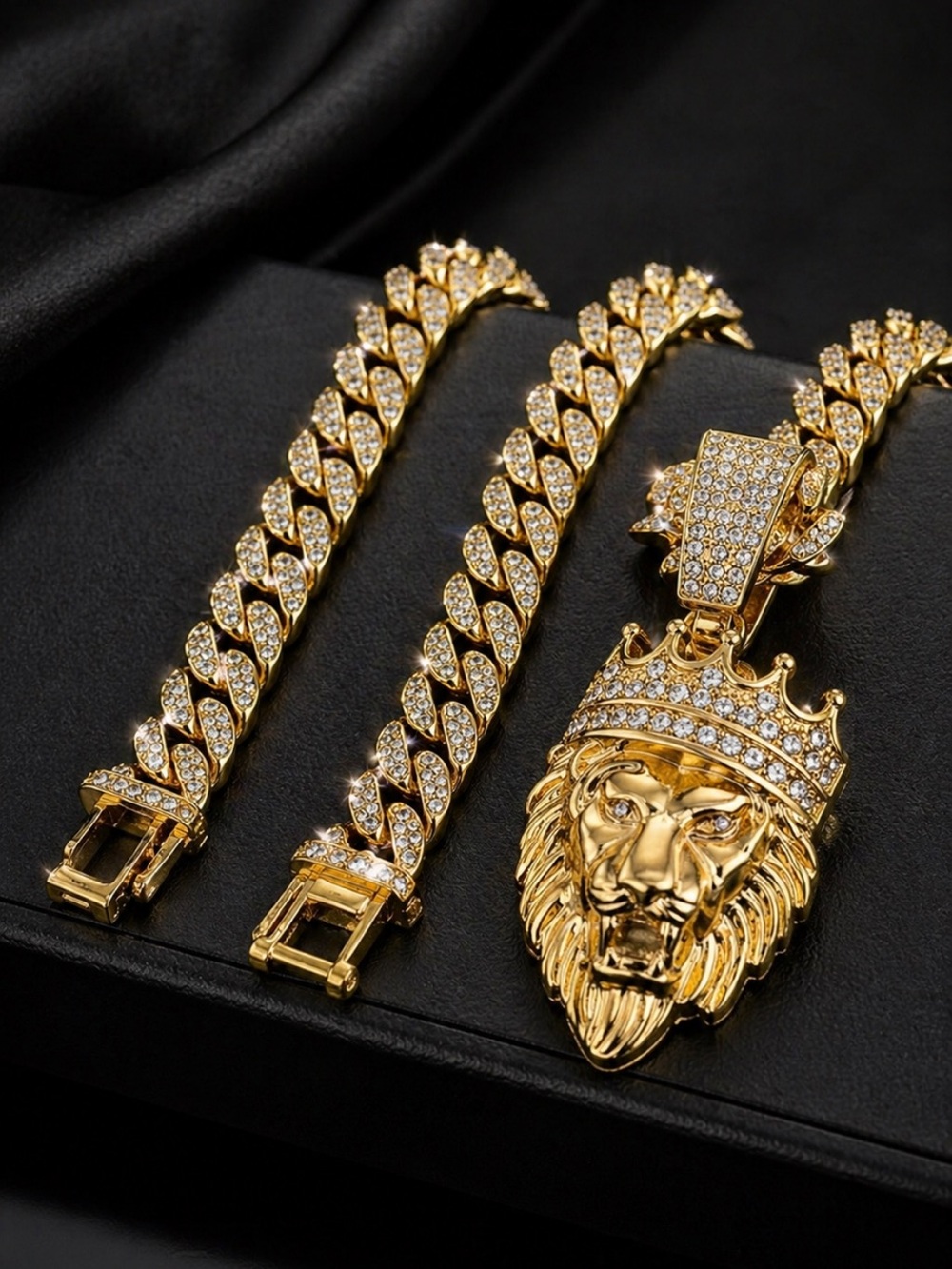 Iced Out Lion Head Pendant + Cuban Link Chain Necklace Gold Plated Hip Hop 27”